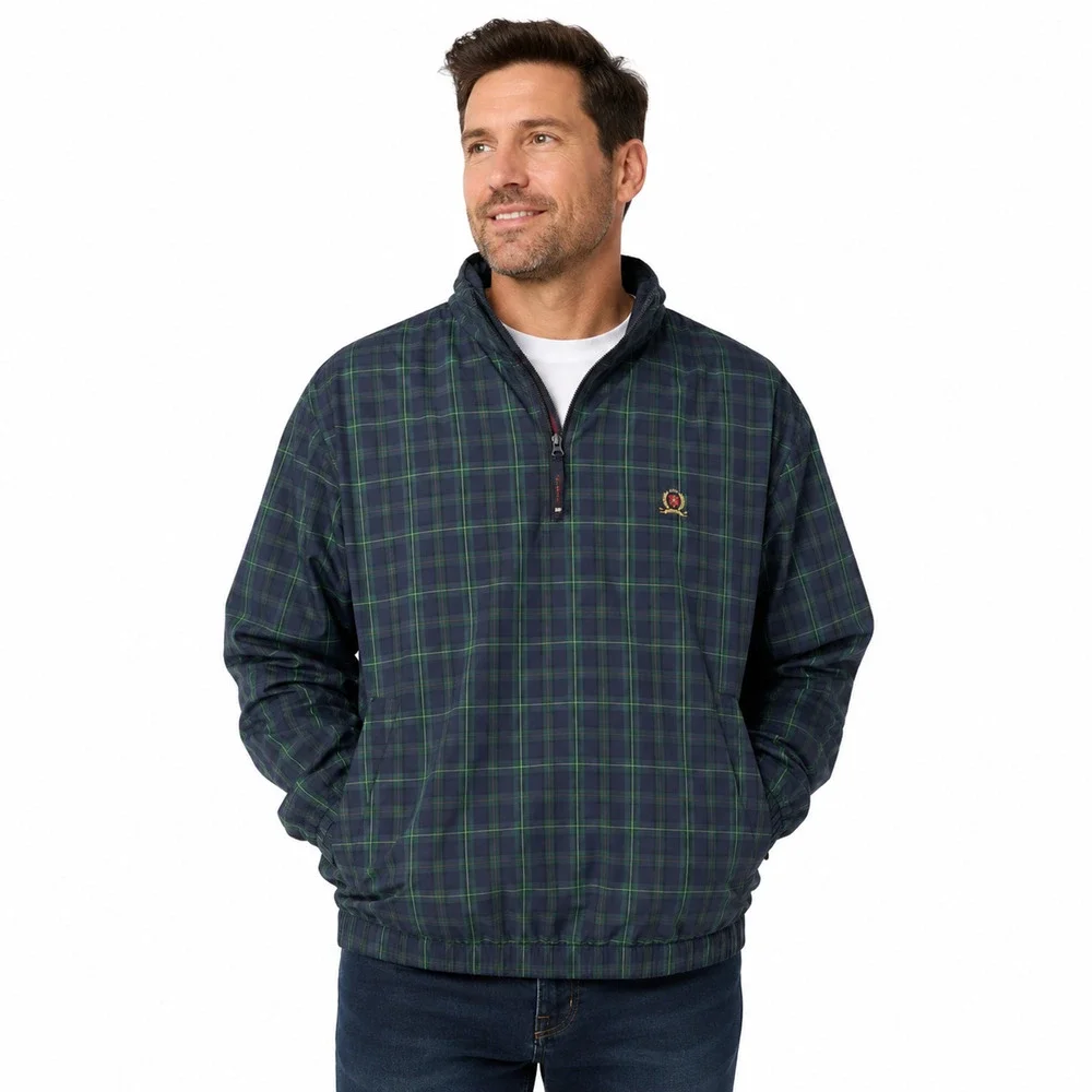 Tommy Hilfiger Golf 1/4 Zip Pullover Windbreaker Navy Plaid Jacket Hooded sz XXL